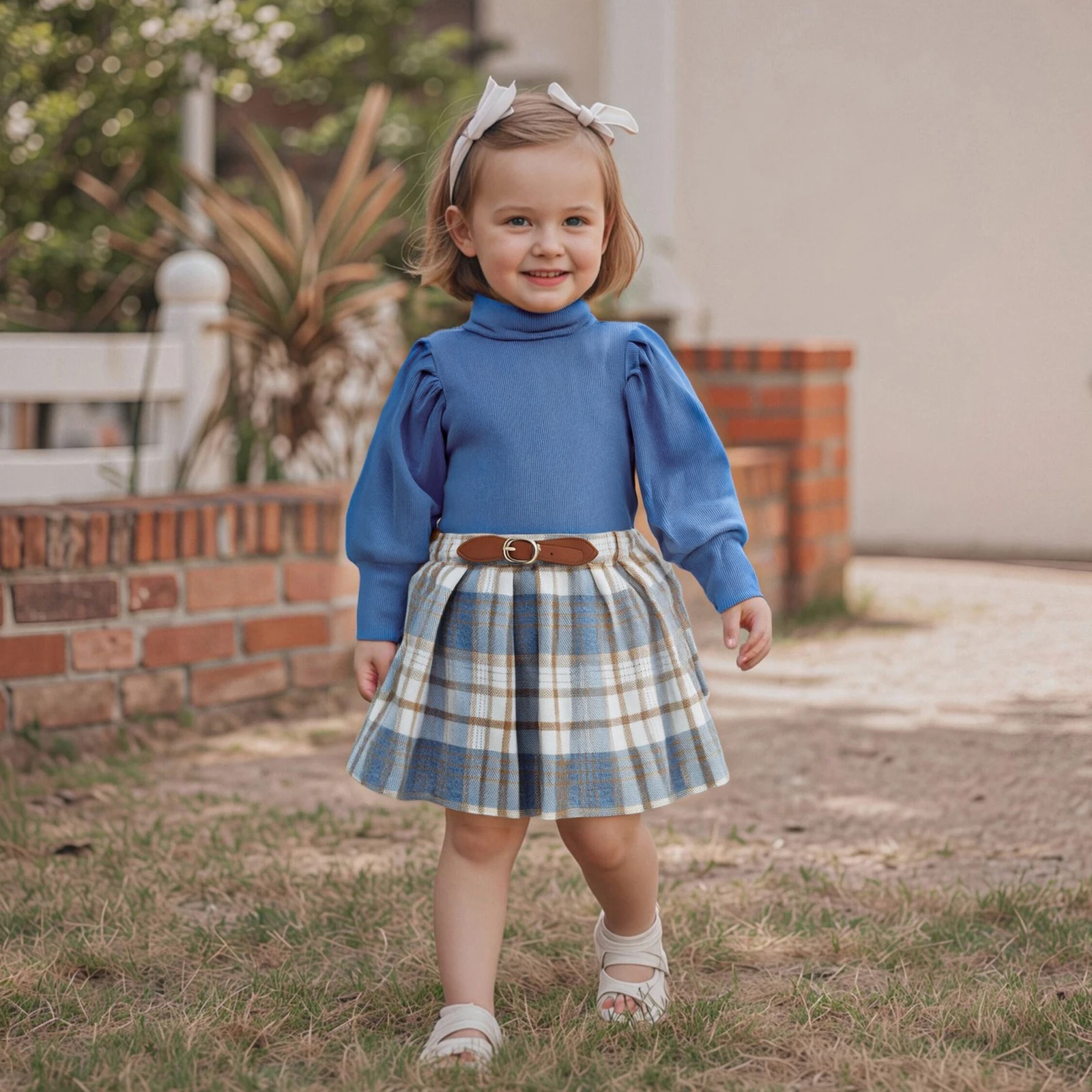 أطقم ملابس خريفية عصرية للفتيات الصغيرات من FOCUSNORM 0-4Y قطع علوية بأكمام طويلة ورقبة سلحفاة متينة وتنانير منقوشة على شكل حرف a #1