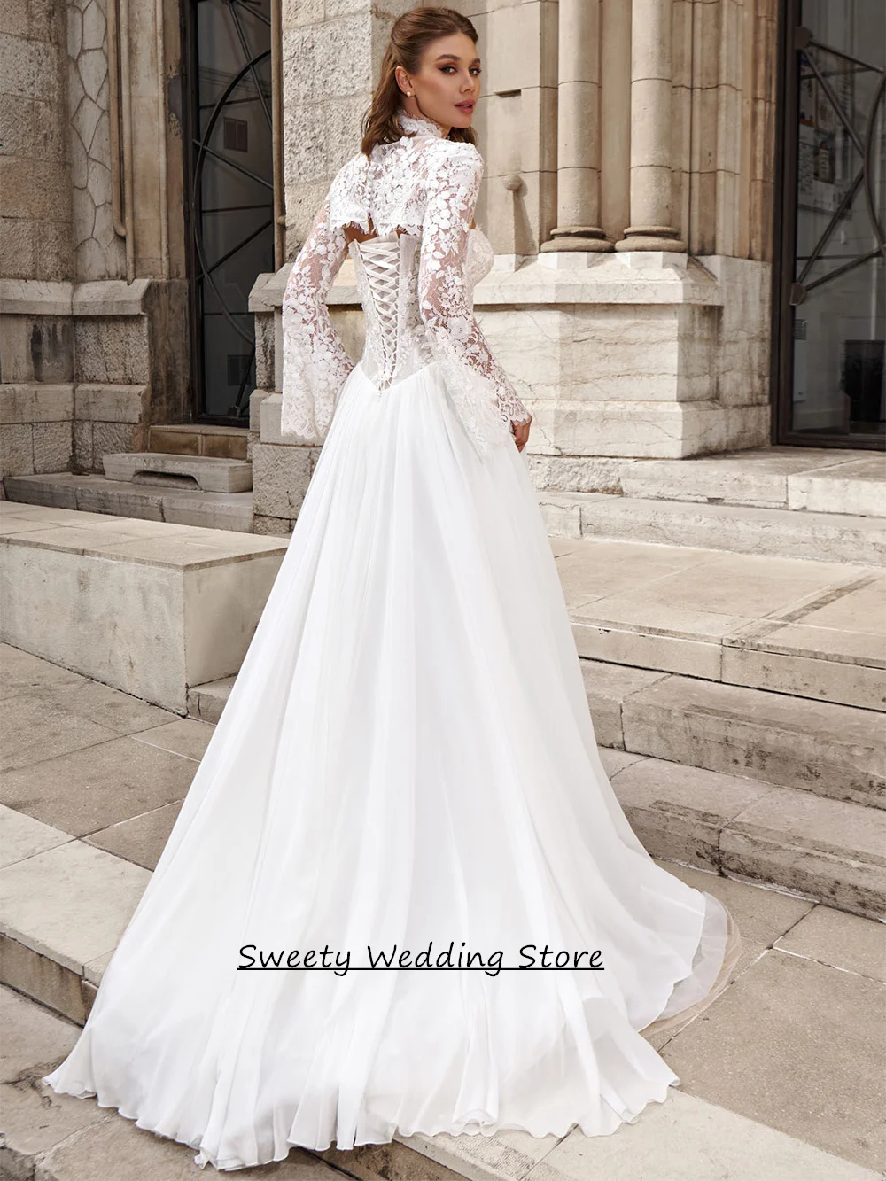Romantic Princess Wedding Dress Customized Sweetheart Detachable Bolero Jacket Long Sleeves Chiffon Corset Bridal Gown