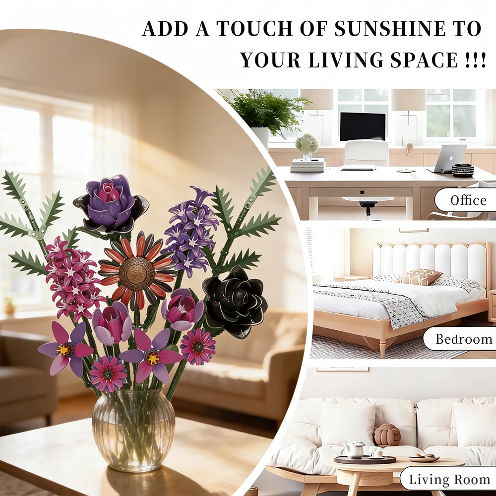 Buquê de flores góticas modelo blocos de construção multicolorido 614 peças tijolos de dia dos namorados crianças diy quebra-cabeça brinquedo aniversário presente de casamento