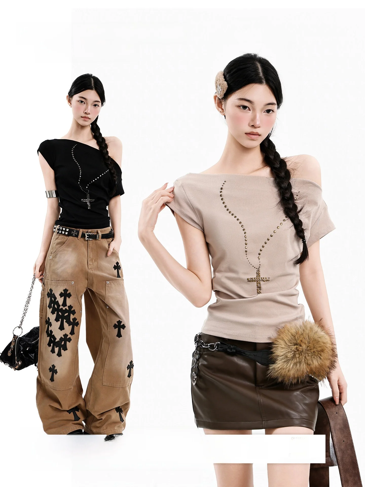 

UNCMHISEX Spicy Girl Черная футболка с асимметричным вырезом на плече и стразами, с коротким рукавом, женская, приталенная, летний топ, приятная к телу ткань