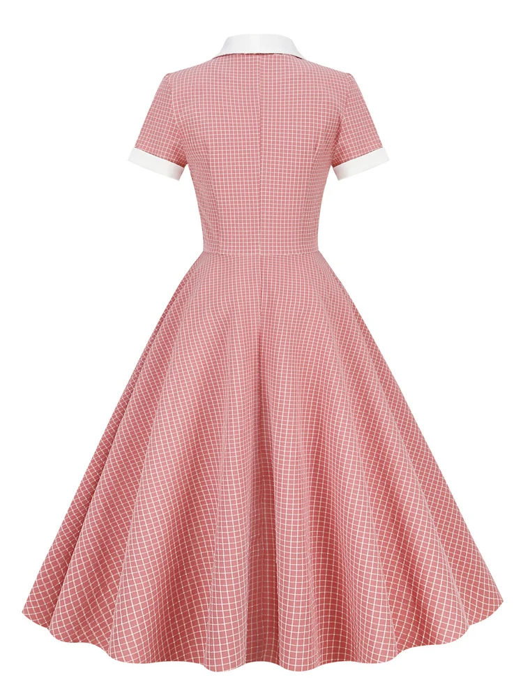 Tonval Shawl Collar Button Up Vintage Robe Plaid Long Dress Evening Elegant for Women Short Sleeve Pockets A-Line Dresses