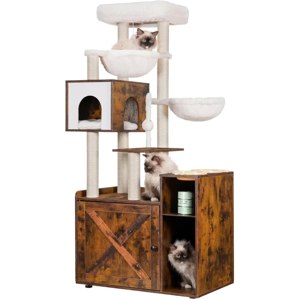 

Condo Food Station and 2 Hammocks Tree for Cats Trees Tree With Litter Box Enclosure All-in-one Cat Furniture Supplies Pet Home