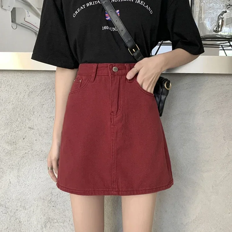 Frauen Neue Hohe Taille Kawaii Röcke Jeans Mädchen Vintage Wrap Hüften Denim Kleid Weibliche Harajuku Claret Rose Rot Schwarz EINE Linie Röcke