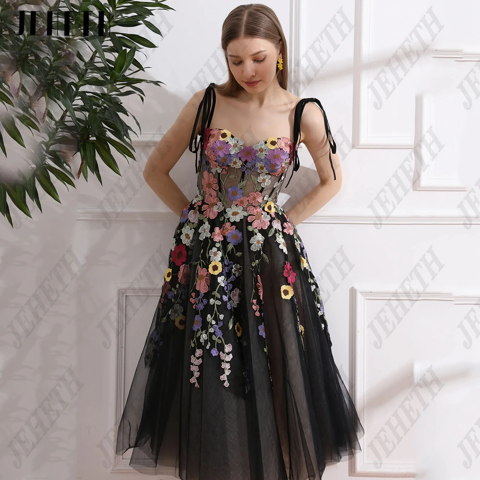 JEHETH Flowers Sweetheart Prom Party Dresses Spagehtti Straps A-Line Floral Print Formal Occasions Dress Tea-Length Lace Up