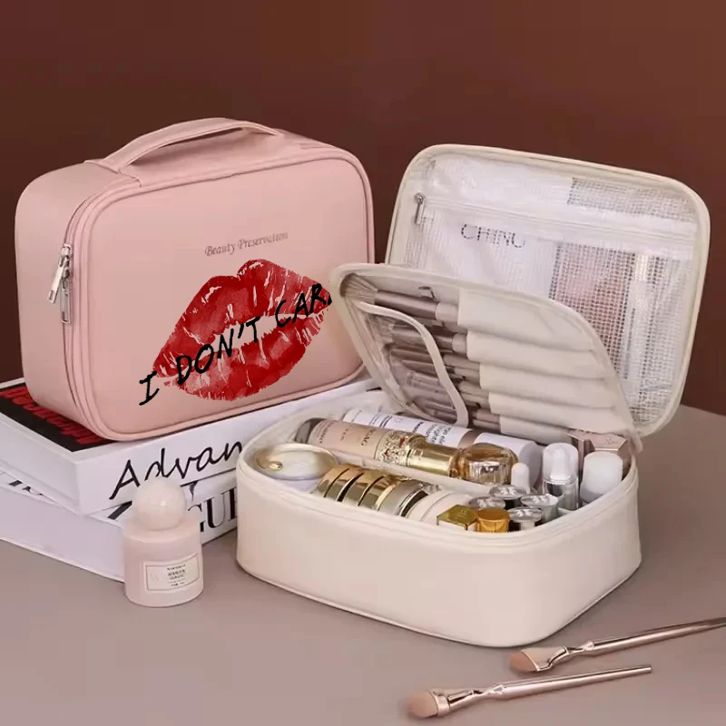 "LIP I Donot Care" Kosmetiktasche, Make-up-Tasche, Doppelschicht, Große Kapazität, Luxus-Kosmetik-Organizer, Reise-Essentials, Damentasche