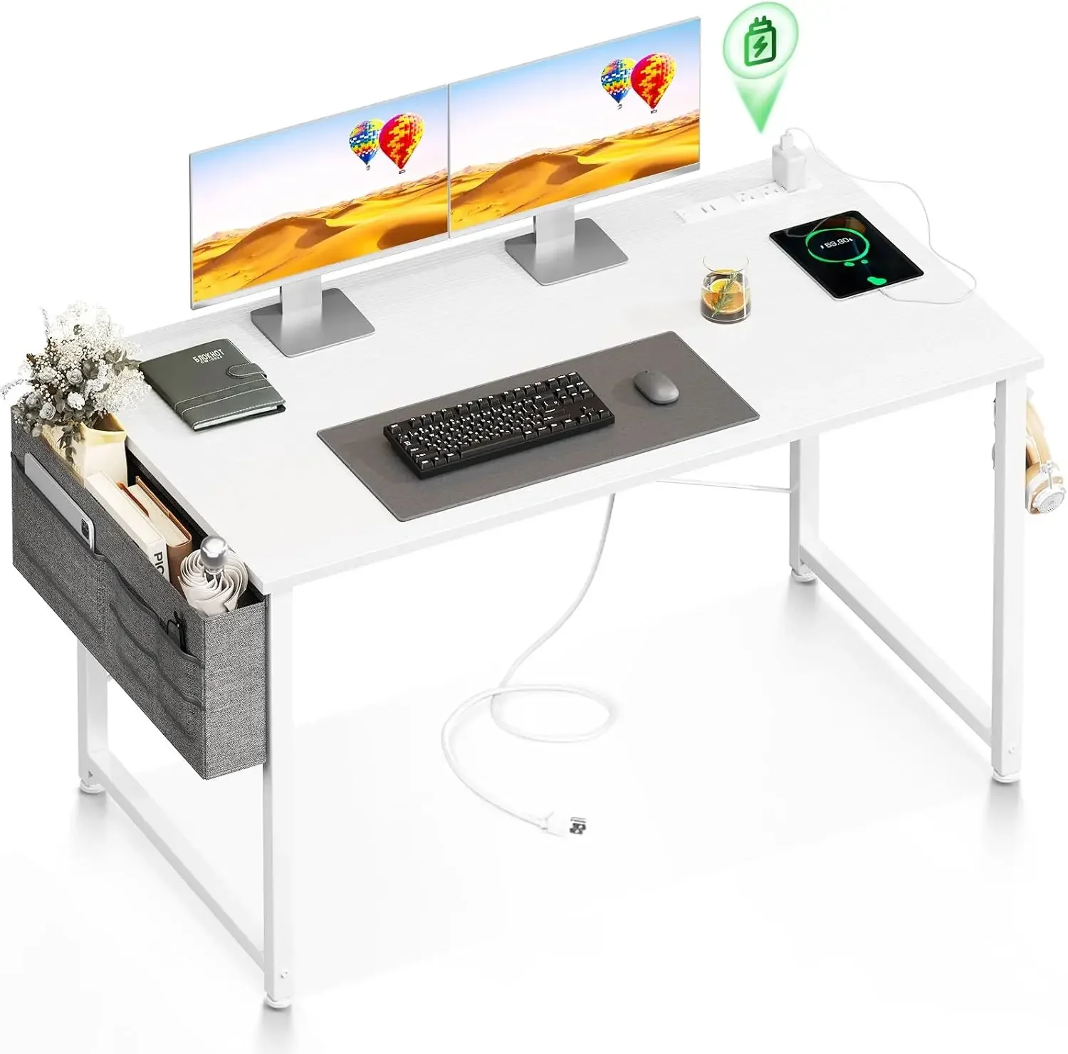

Computer Desk - 48 Inch Office Writing Desk for Home, Student Study Desk with Storage Bag, Headphone Hook & Power Outlets,Modern