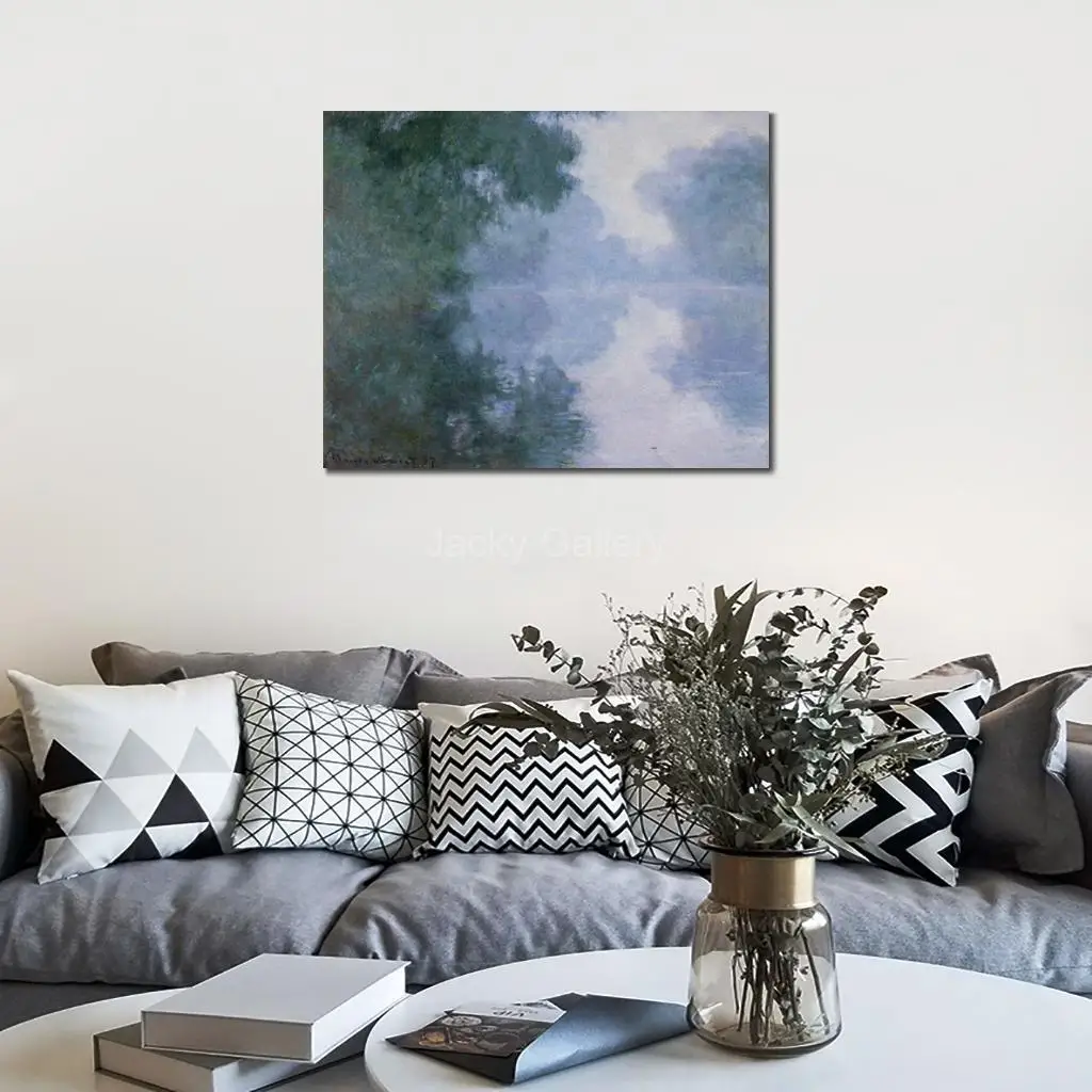 

Hand Painted Oil Painting Claude Monet Seine Giverny Fog Impressionism Landscape Picture Canvas Art for Living Room Office Decor