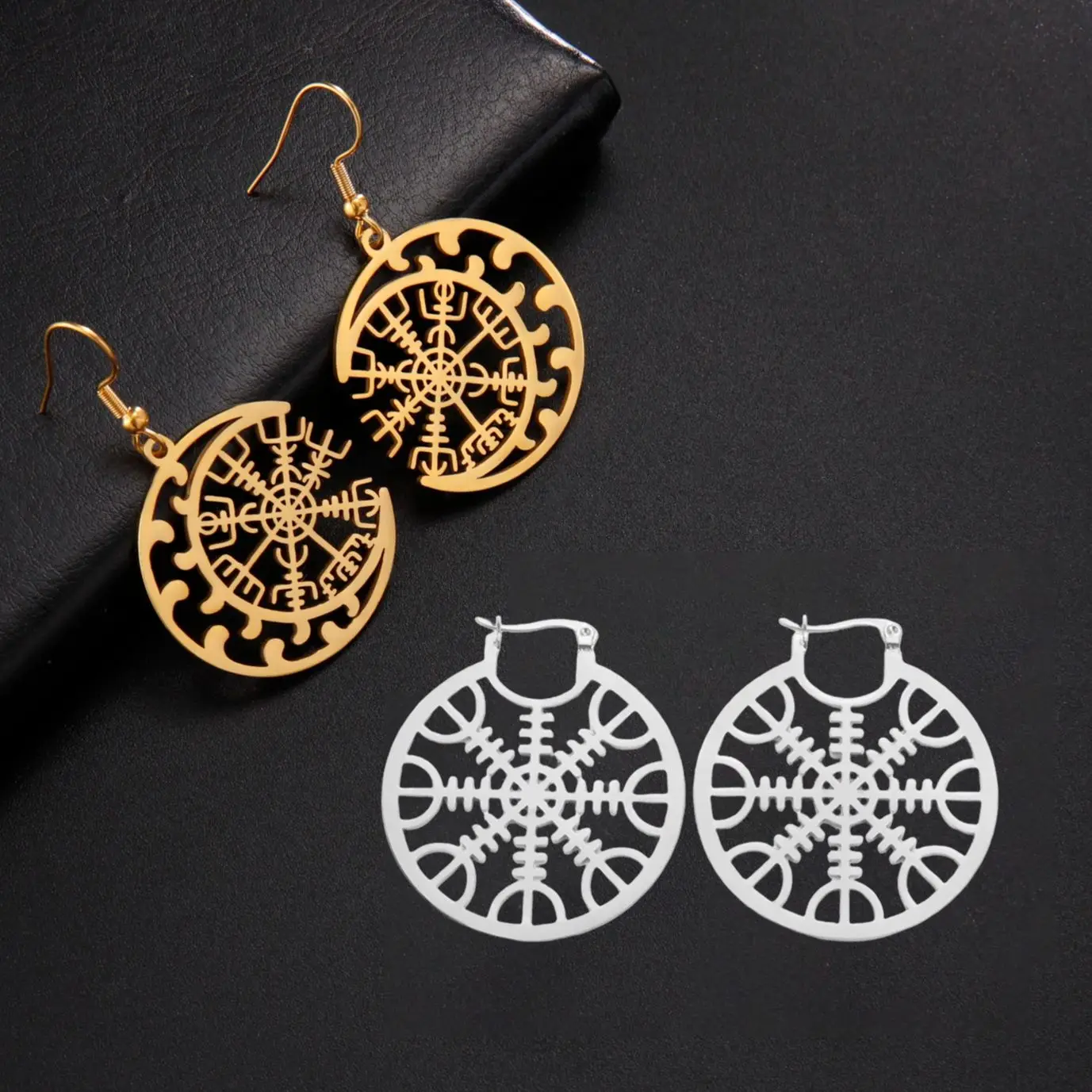 LIKGREAT Nordic Vegvisir Compass Earrings Stainless Steel Norse Runes Moon Wicca Pagan Talisman Jewelry Gift for Women