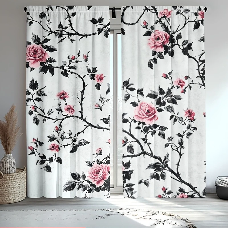 

2шт шторы с розовым узором, изготовленные из полиэстера, можно стирать в машине, подходят для декора спальни и гостиной.