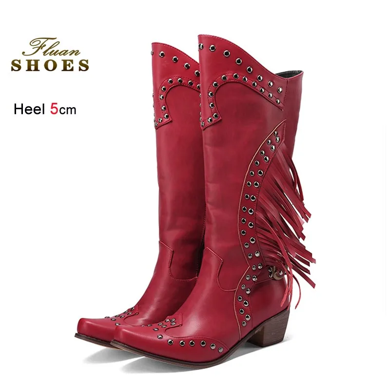 

Fashion Knight Boots 5cm Coarse Heel Women Knee Length Boots Pointed Toe Rivet Boots Tassels Medium Heel Ladies Shoes Tall Boots