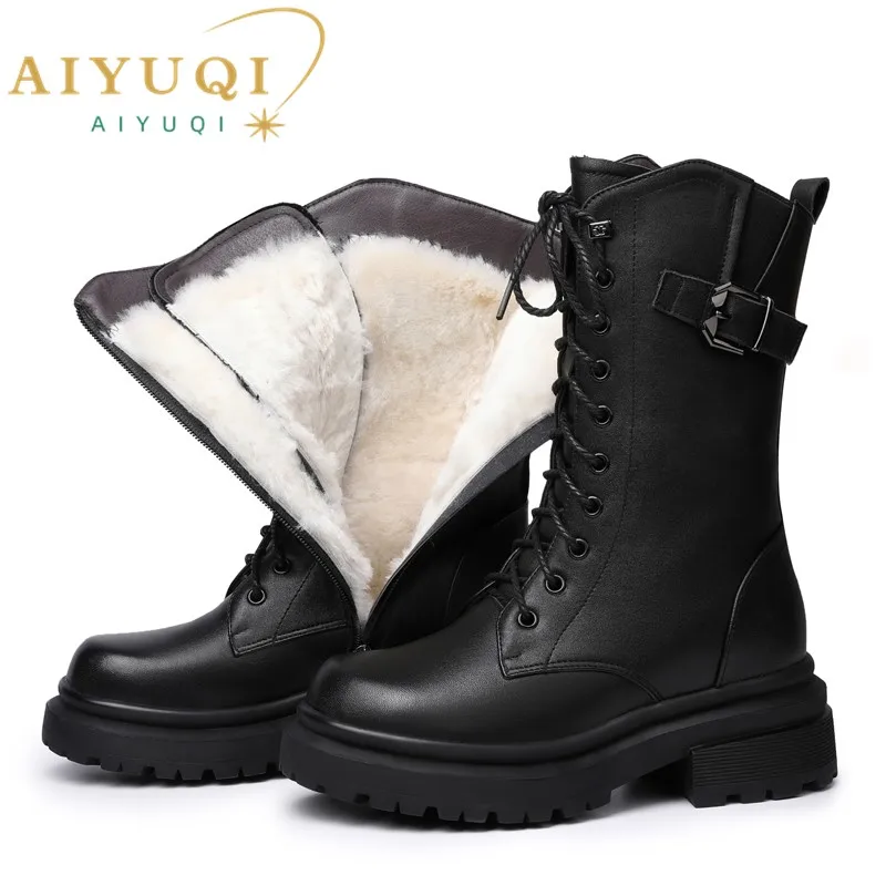 

AIYUQI Women Boots Large Size Genuine Leather Thick Wool Warm Winter Biker Boots Women British Style Women Snow Boots