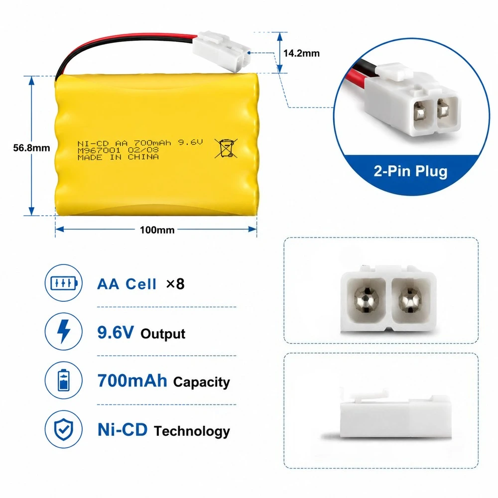 9.6V 700mAh Ni-CD Rechargeable Battery Pack AA 2 Pin Connector for RC Car Boat Tank Toy Model Lighting Equipment