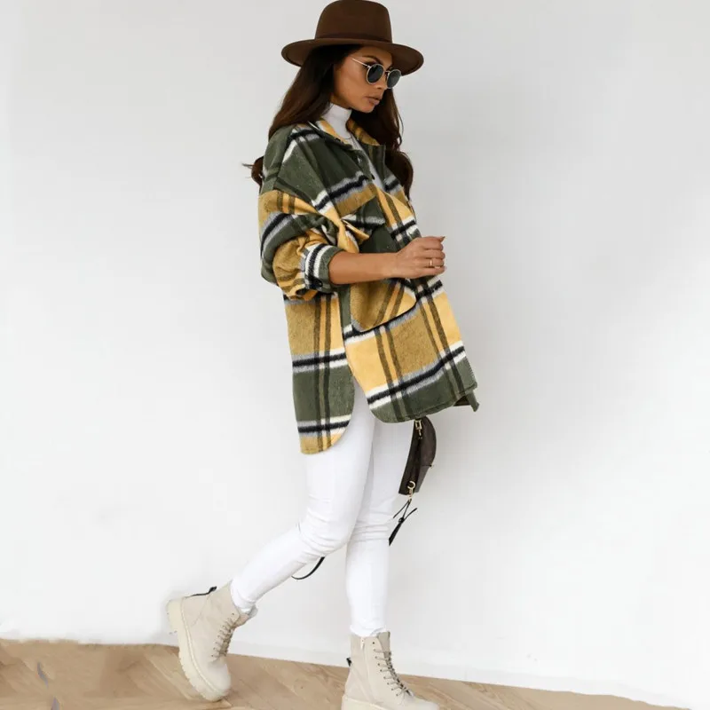  New Autumn Winter Fashion Neutral Style Outwear Streetwear Vintage Plaid Jacket Women Loose Long Sleeve Warm Oversized Coat