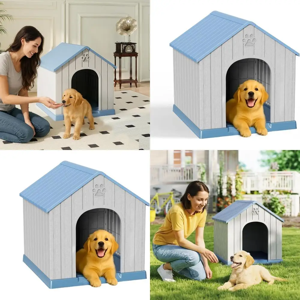 

Всепогодный домик для собак (для улицы и помещений), прочный пластик с вентиляционными отверстиями, приподнятый пол, легко чистится и собирается (синий, 26.26×24.57 дюймов)