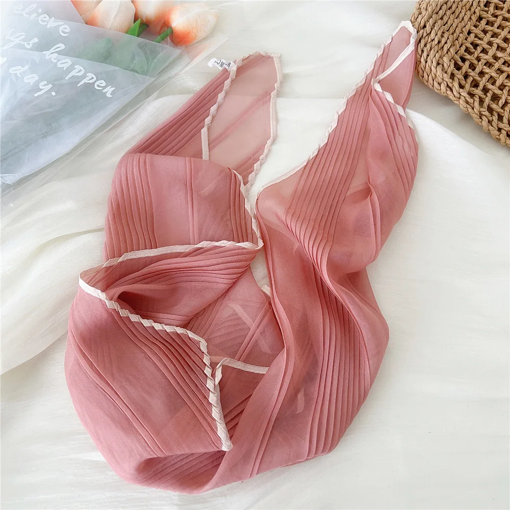 1PC 60cm Small Pleated Silk Scarf Fairy Solid Color Small Neckwear Bandana Rhombus Elegant Female Headband Summer Handkerchief