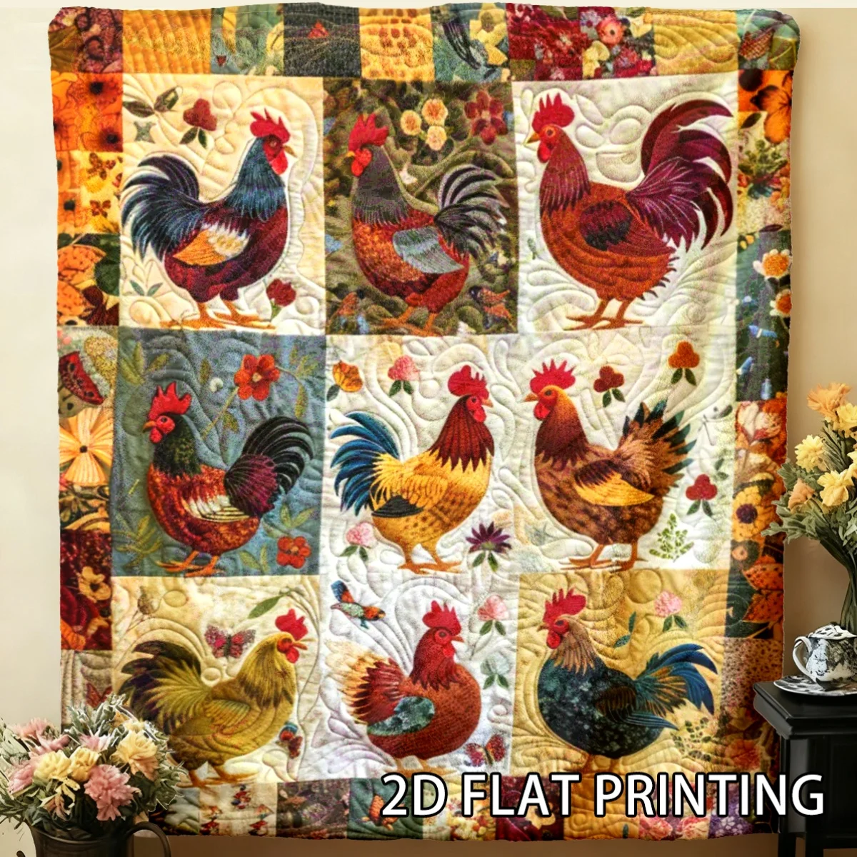 Novelty Rooster Chicken Pattern Quilt Throw Blanket Farmhouse Floral Polyester Storage Decor Gift for Couch Sofa Bedding
