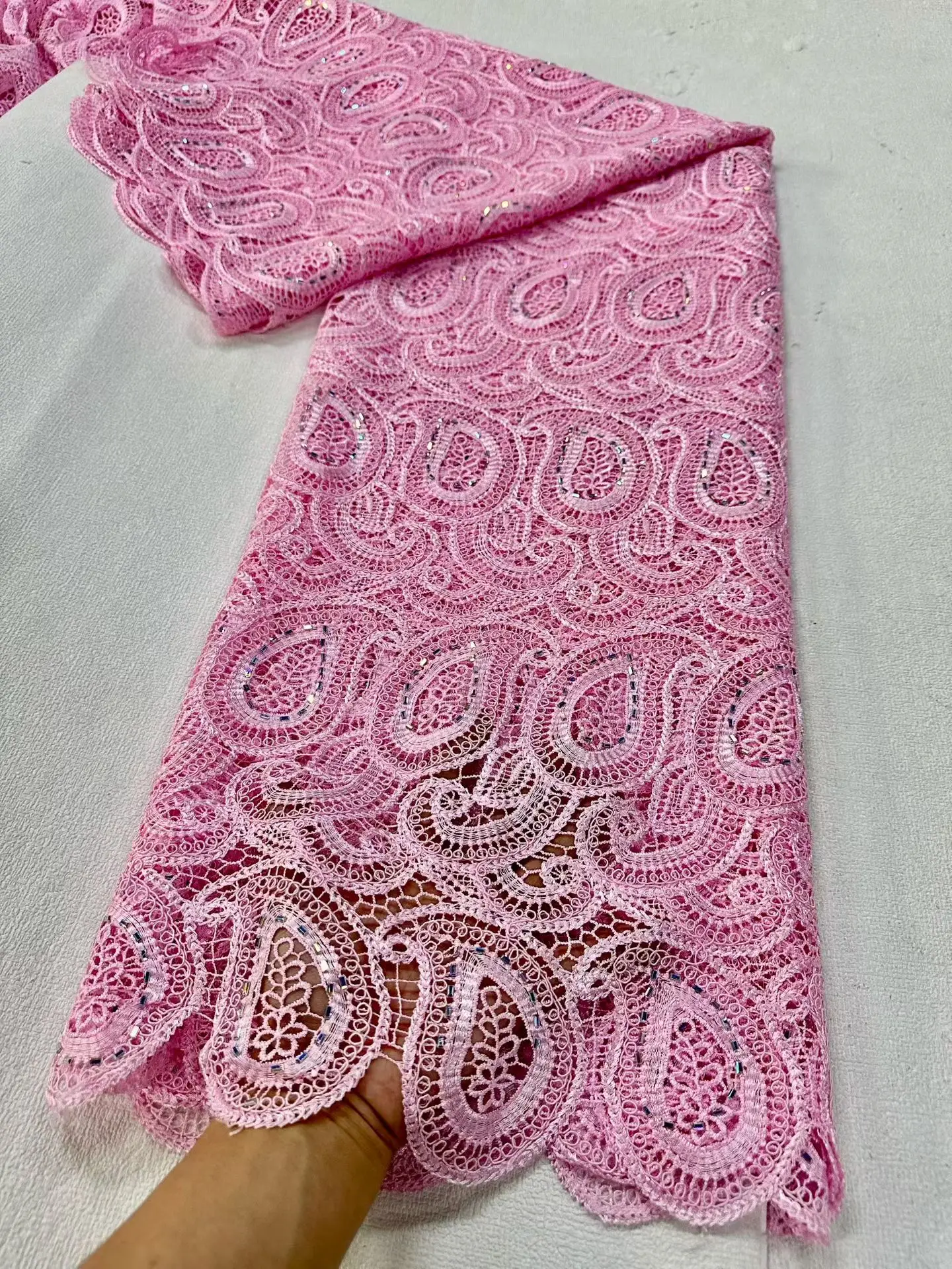 

2026 Latest High Quality African Nigerian With Tulle Sewing Lace Fabric Guipure Embroidery Dresses Sequins 5Yards JL545