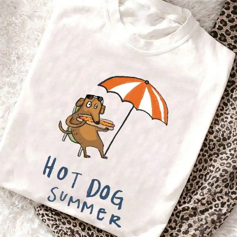 New Fashion Funny Summer Animal Print T-Shirt Apparel, Cute Dachshund Wiener Dog Beach Umbrella Graphic Drop Shoulder Round Neck Casual Short Sleeve Tee