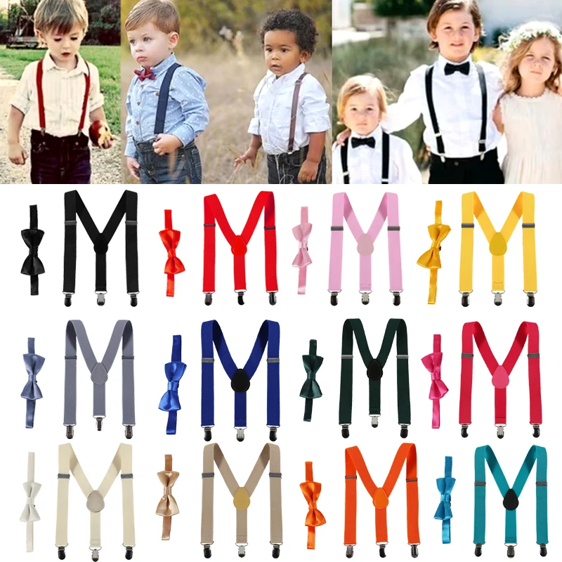 

New Soild Color Children Belt Baby Boys Girls Colorful Suspenders Clip-on Y-Back Braces Bow Tie Elastic Kids Adjustable Gift