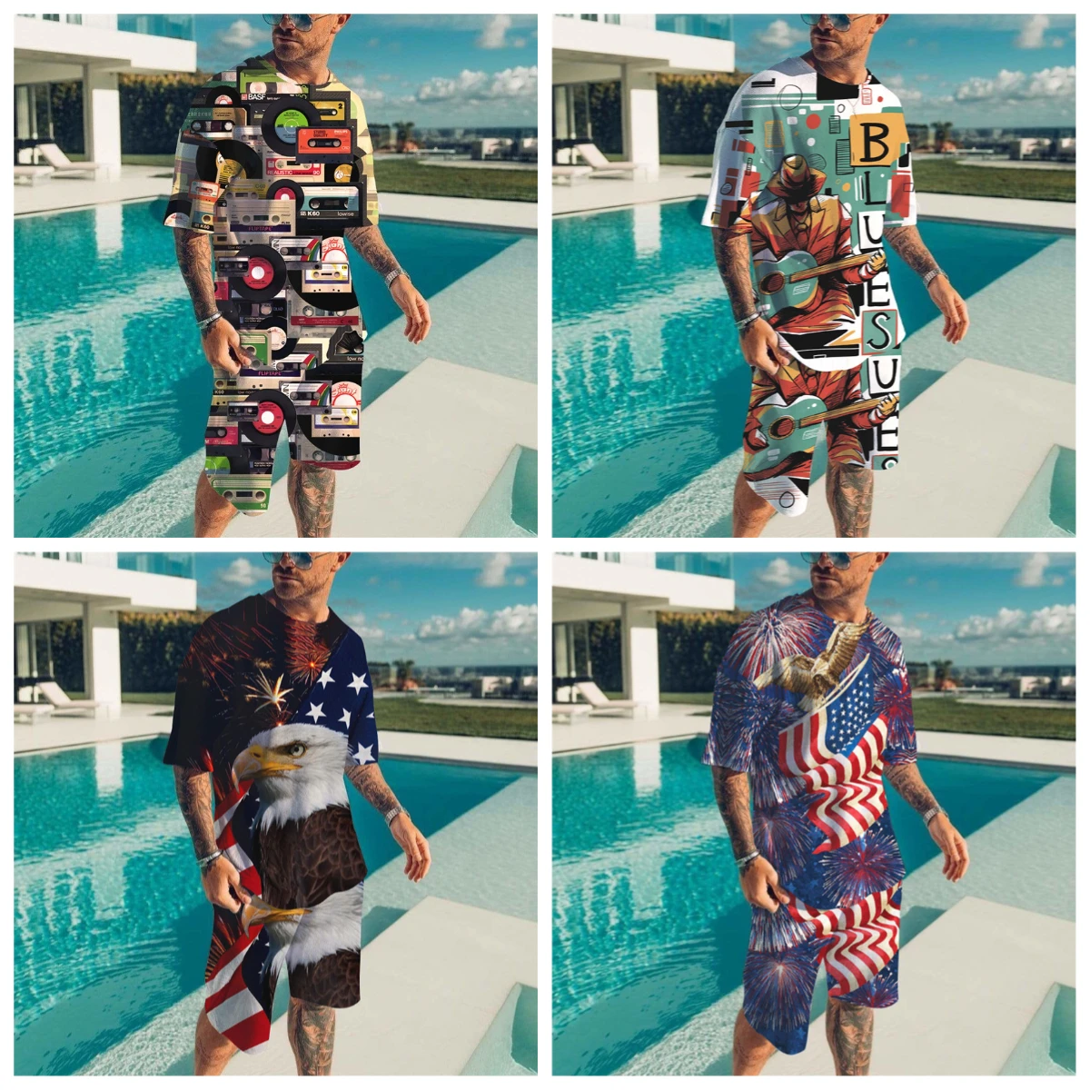 

25-26 летний хит продаж, модный тренд, роскошный костюм с 3D принтом, американская уличная дышащая быстросохнущая футболка, комплект с шортами