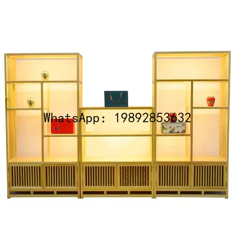 HYS solid wood tea display cabinet tea versatile bogu rack with lamp product display rack