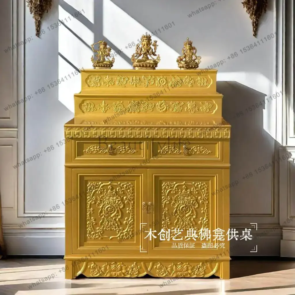 PG   tibetan style golden buddha shrine cabinet - three-tier offering table, solid wood home altar, buddhist shrine table