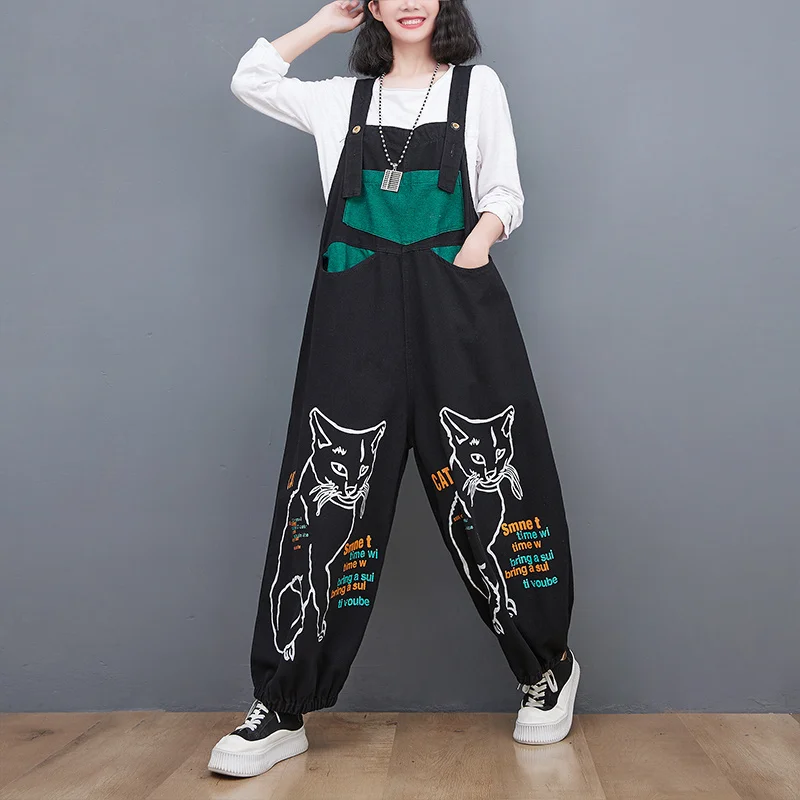 Jumpsuit #1424 untuk wanita, baju terusan Denim kaki lebar motif kartun hitam longgar Vintage, jumpsuit kaki lebar warna Splice