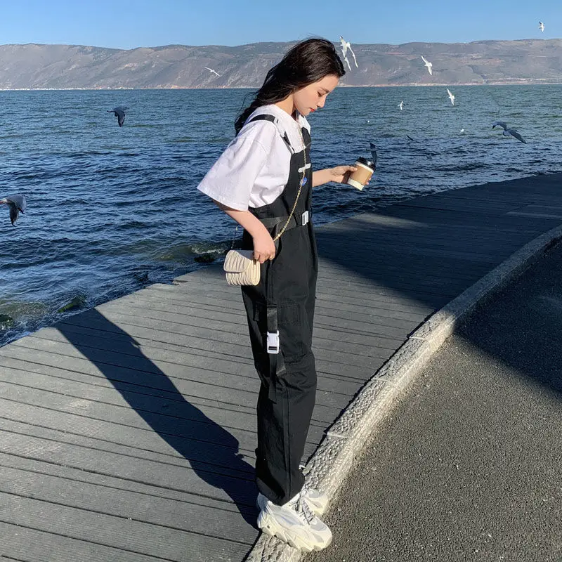 Macacões de carga feminino gótico vintage bolsos cinto streetwear kawaii verão destacável calças largas moda bf coreano preppy