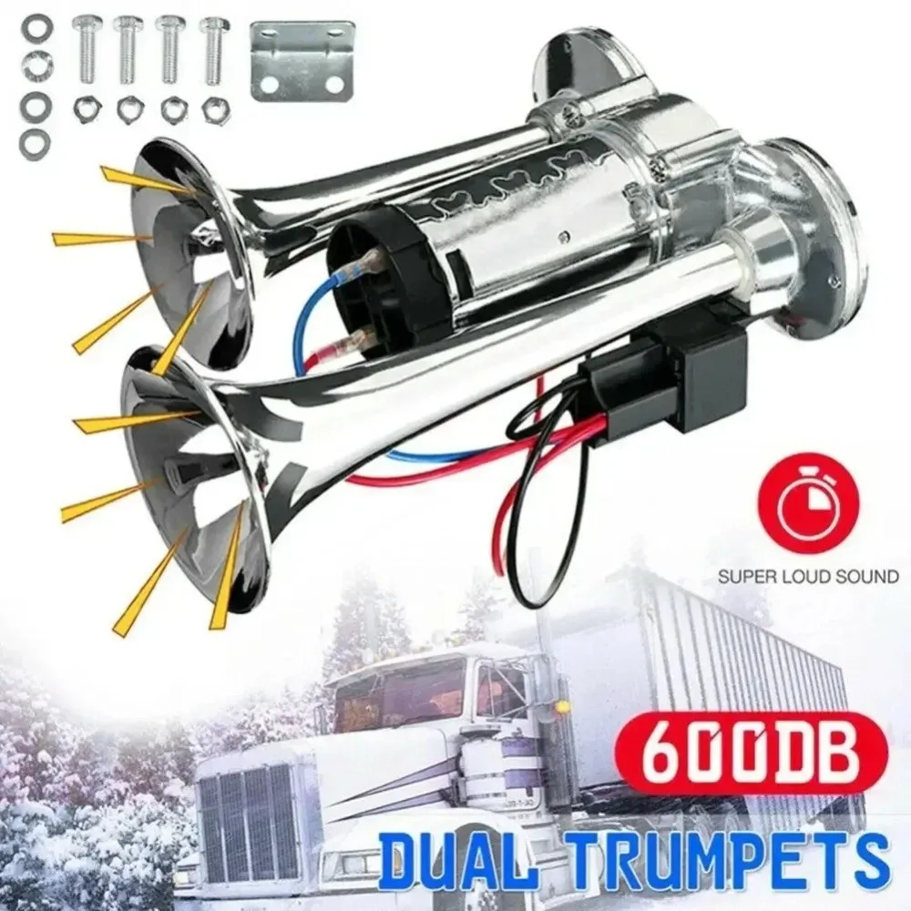 

Double Tube 12V Dual Trumpets Horn High Decibel 600DB Super Loud Horn Stainless Steel Universal Car Horn Speaker SUV