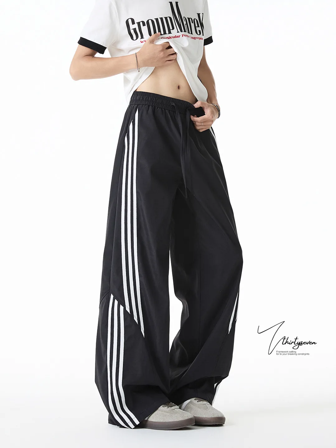 

Qui Dry повседневные брюки в американскую полоску, мужские тонкие футболки, рабочая одежда, модные широкие брюки для улицы