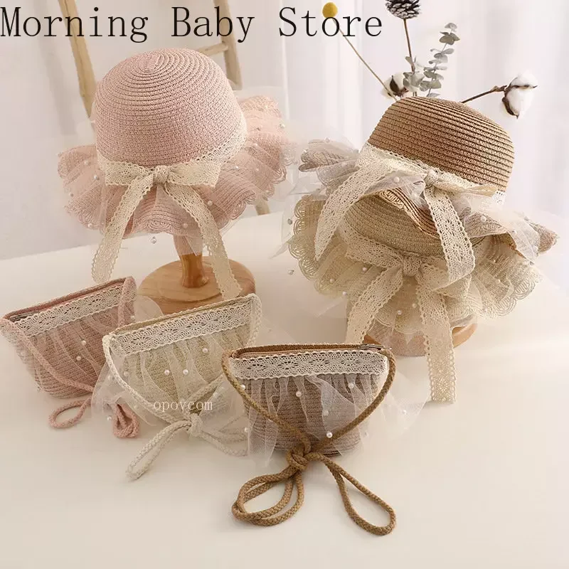 Summer Fashion Kids Straw Hat Lace Pearl Baby Girl Hat Bag Set Baby Travel Sun Protection Beach Hats Panama for 2-8 Years Kids