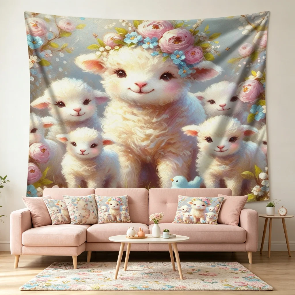 1PC Cute Lamb Flower Crown Art Print Backdrop Banner, Bedroom Living Room Photo Background, Polyester, Home Decor, Wall Art