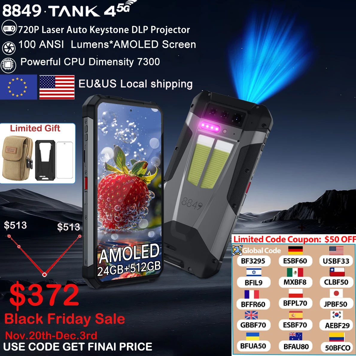 8849 Tank 4 Unihertz 5G Rugged Smartphone Projector 720P 100 Lumen 6.78'' AMOLED 512G Android14 11600mAh Dimensity 7300 120Hz