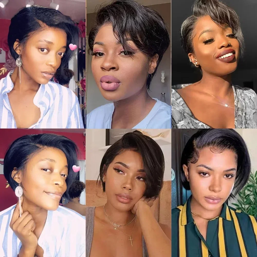Wig Rambut Asli Malaysia 13x4 Lace Wig Model Pixie Cut dengan Belahan Samping, Wig Bob Lurus dengan Belahan Samping dan Lace Transparan untuk Wanita Kulit Hitam