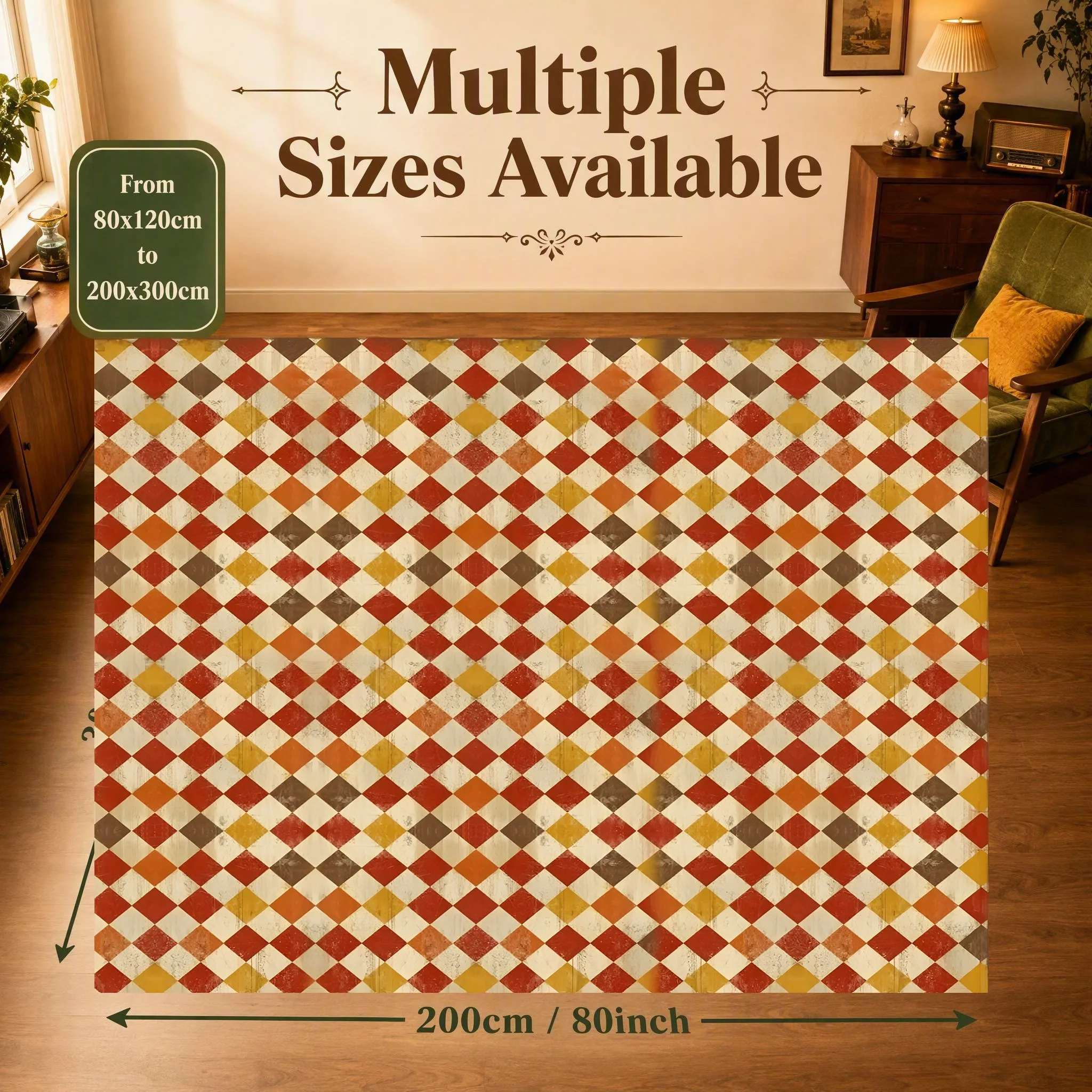 Retro Warm-Toned Diamond Pattern Vintage Style Christmas and New Year Rug for Living Room, Bedroom, Bedside, and Autumn/Winter Cozy Atmosphere