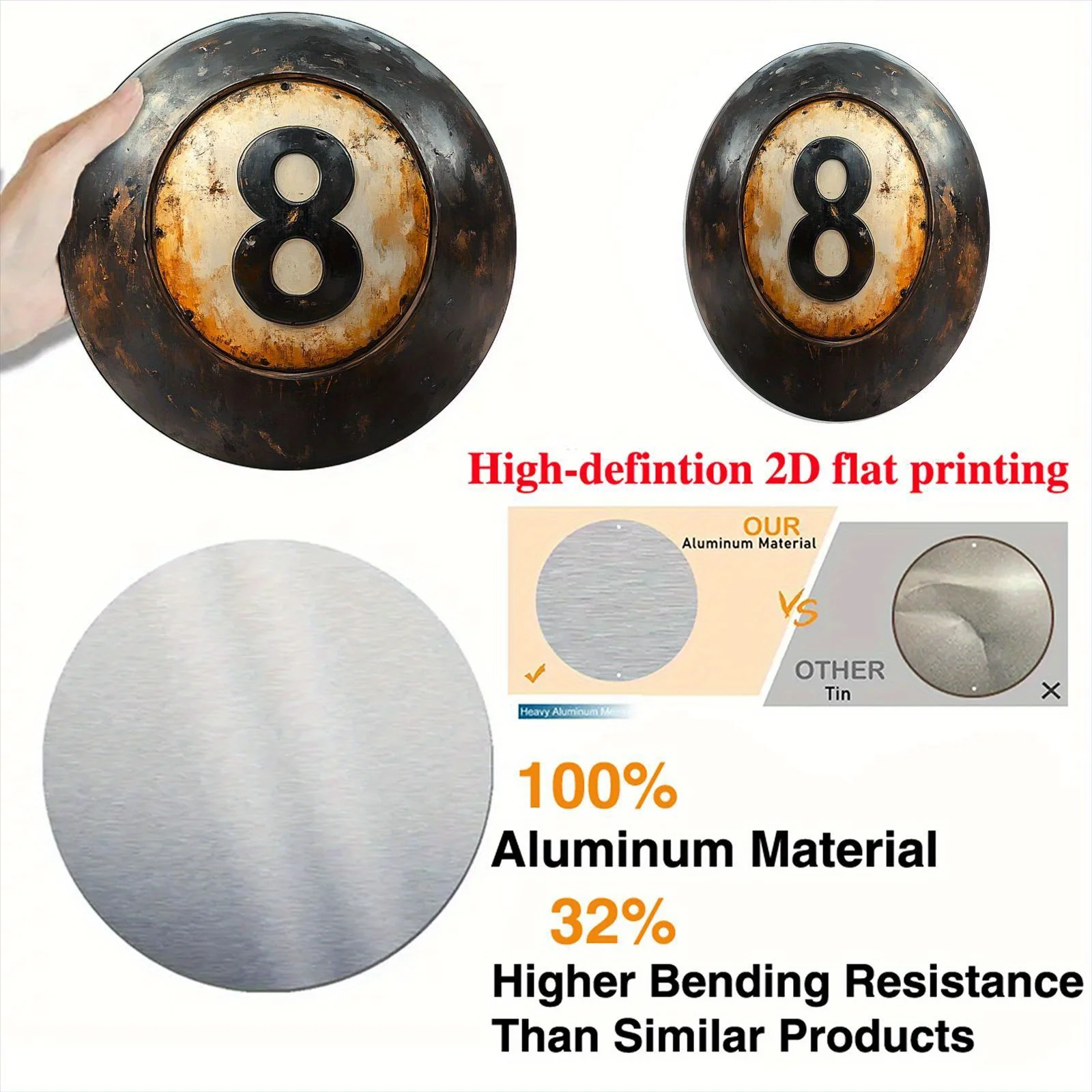 2D Flat Aluminum Round Sign with Black Eight-Ball Pattern, Suitable for Courtyard Kitchen, Home Office, and Rustic Wall Decor