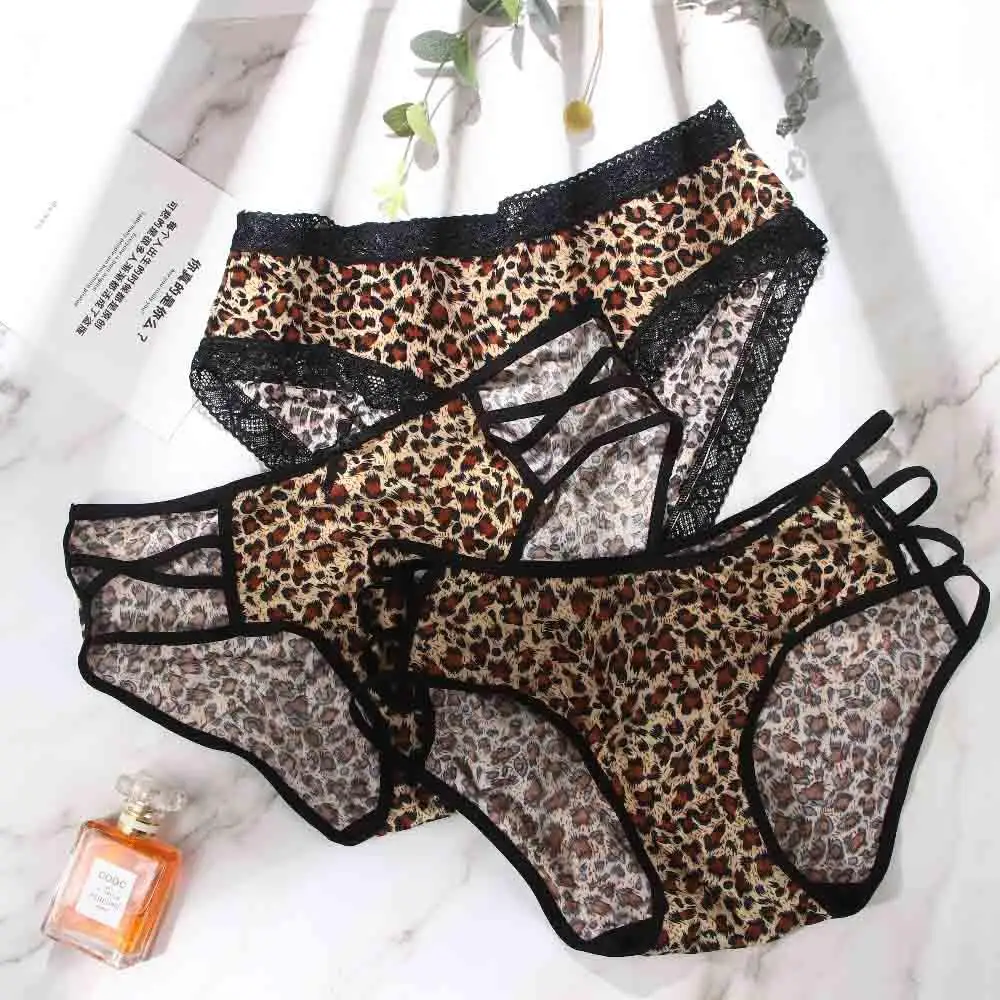 Sexy Leopard Printed Cross Belt Underwear Women Low Waist Lace Bow Panties Transparent Seamless Briefs for Female