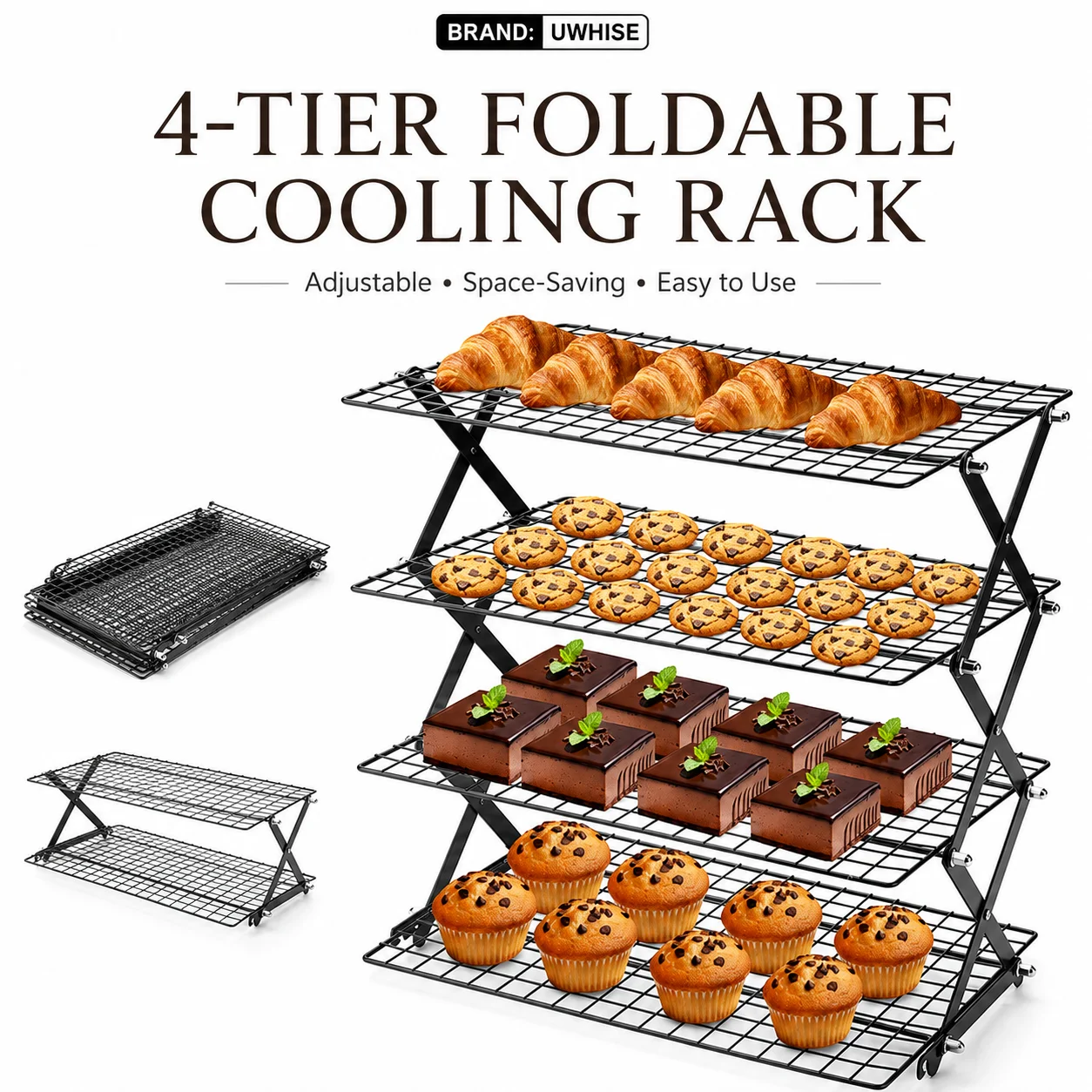 Uwhise 2/3/4-Tier Foldable Baking Cooling Rack Non-Stick Wire Baking Rack Stackable Grid For Cookies Cakes Breads Pastries