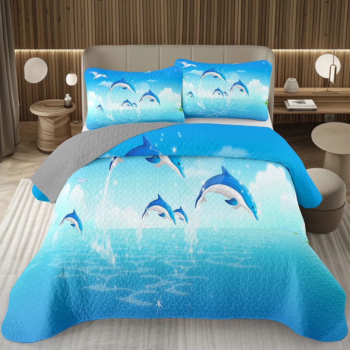 

Ocean Dolphin Quilt Set King Twin, 3D Dolphin Bedspread Set, Blue Ocean Sea Wave Bedding, Marine Life Coverlet Set for Boys Teen