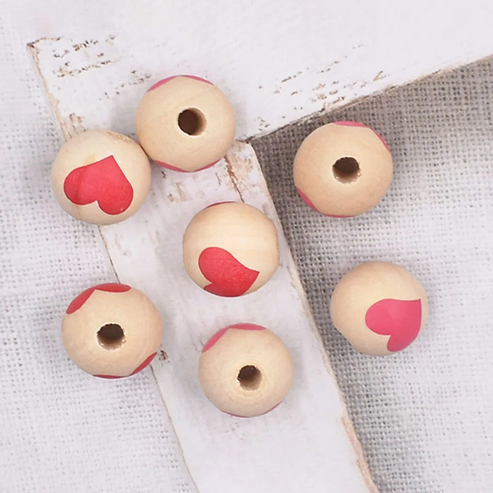 

100 Pcs Wooden Beads DIY Pendant Necklace Decor Crafts Round Shaped Valentine Heart Pattern Jewelry Making Material Gifts