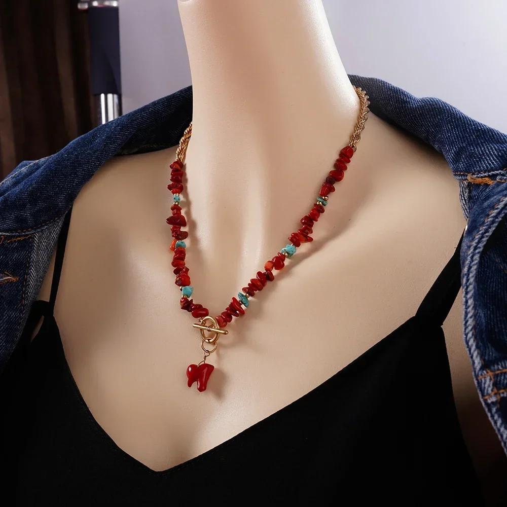 Bohemia Red Natural Coral Peals Pendant Necklaces For Women Coastal Charms Vintage Retro Beaded Chain Choker Party Jewelry