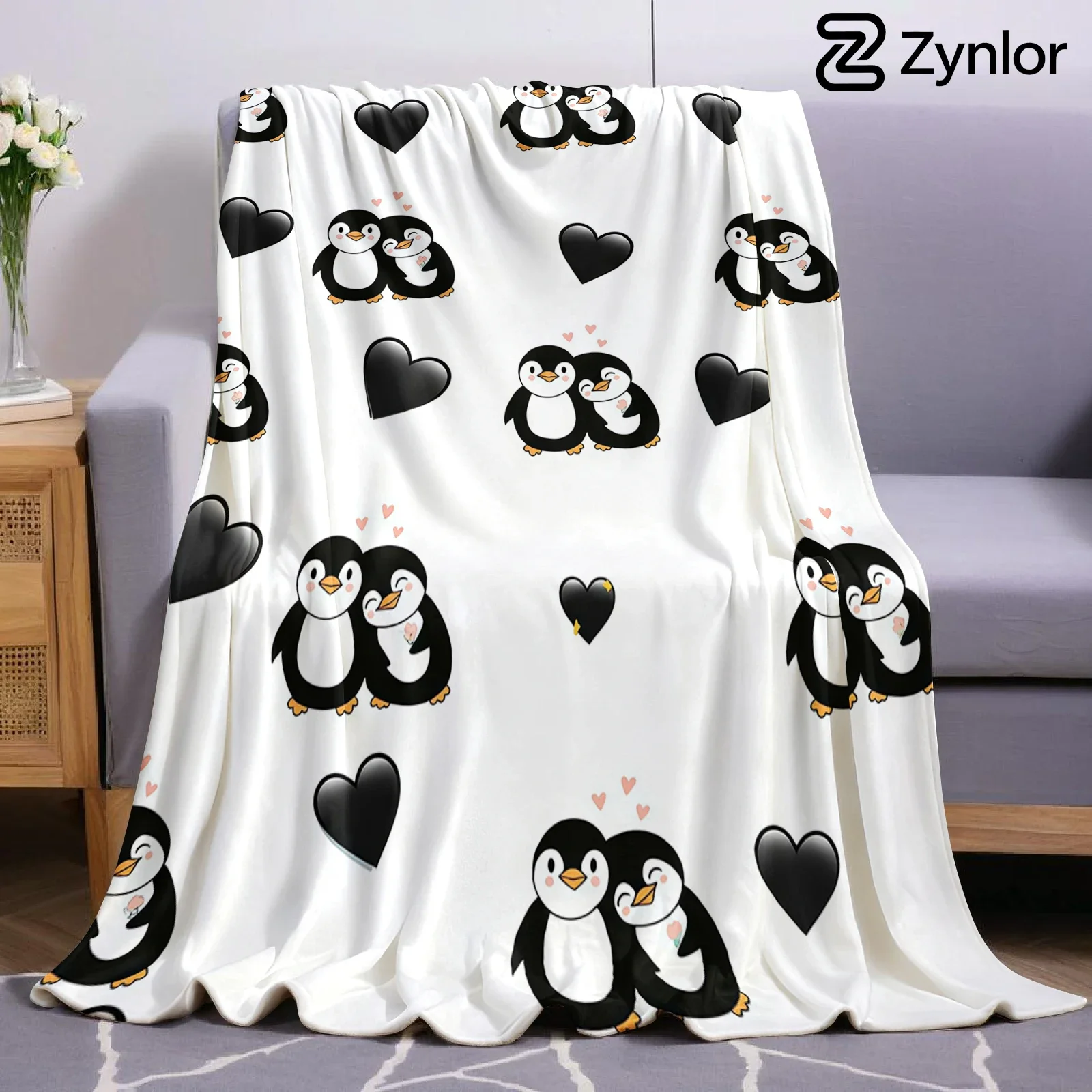 Cute Penguin Cartoon Anime Print Flannel Blanket Soft Warm Throw for Kids Bedroom Sofa Bed Christmas Office Car