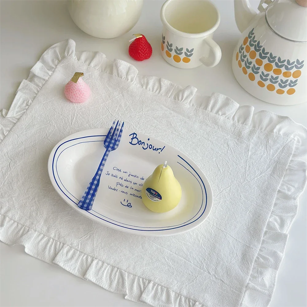 French Vintage Placemat White Brown Ruffled Dustproof Cover Towel Coffee Table Mat Kitchen Supplies Baking Food Napkin Mat