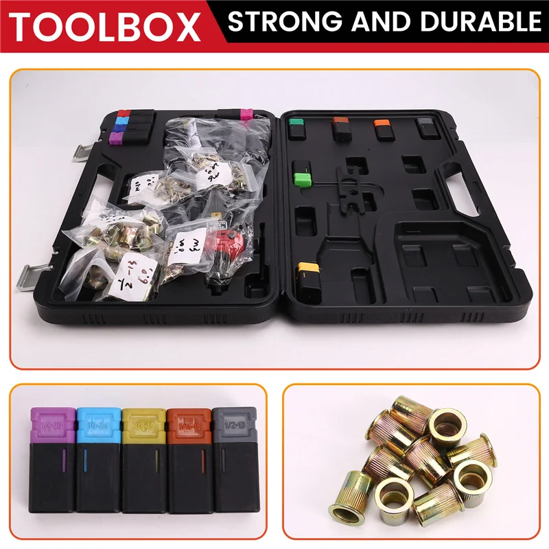 ABPP-Strumento per dadi per rivetti Kit di strumenti per rivetti da 16 pollici con 11 mandrini metrici e SAE Kit di assortimento di dadi per rivetti da 176 pezzi e custodia per il trasporto robusta