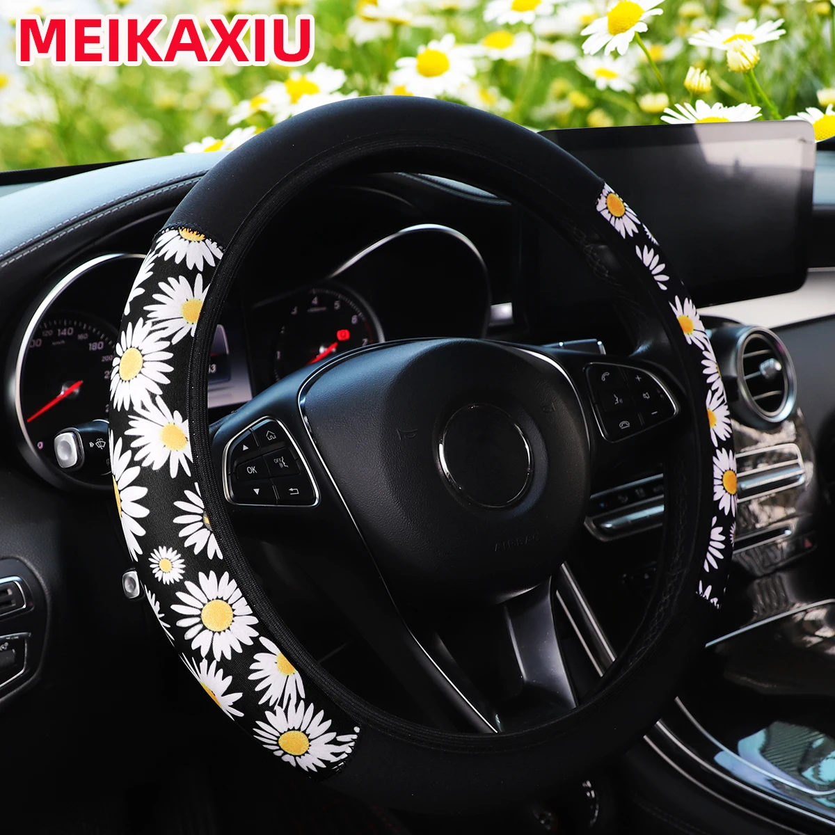 Kirschblüten-Chrysanthemen-Karo-Spinnennetz-Tauchstoff-Druck-Auto-Lenkradbezug ohne Innenring 38CM Damen – Detail 5