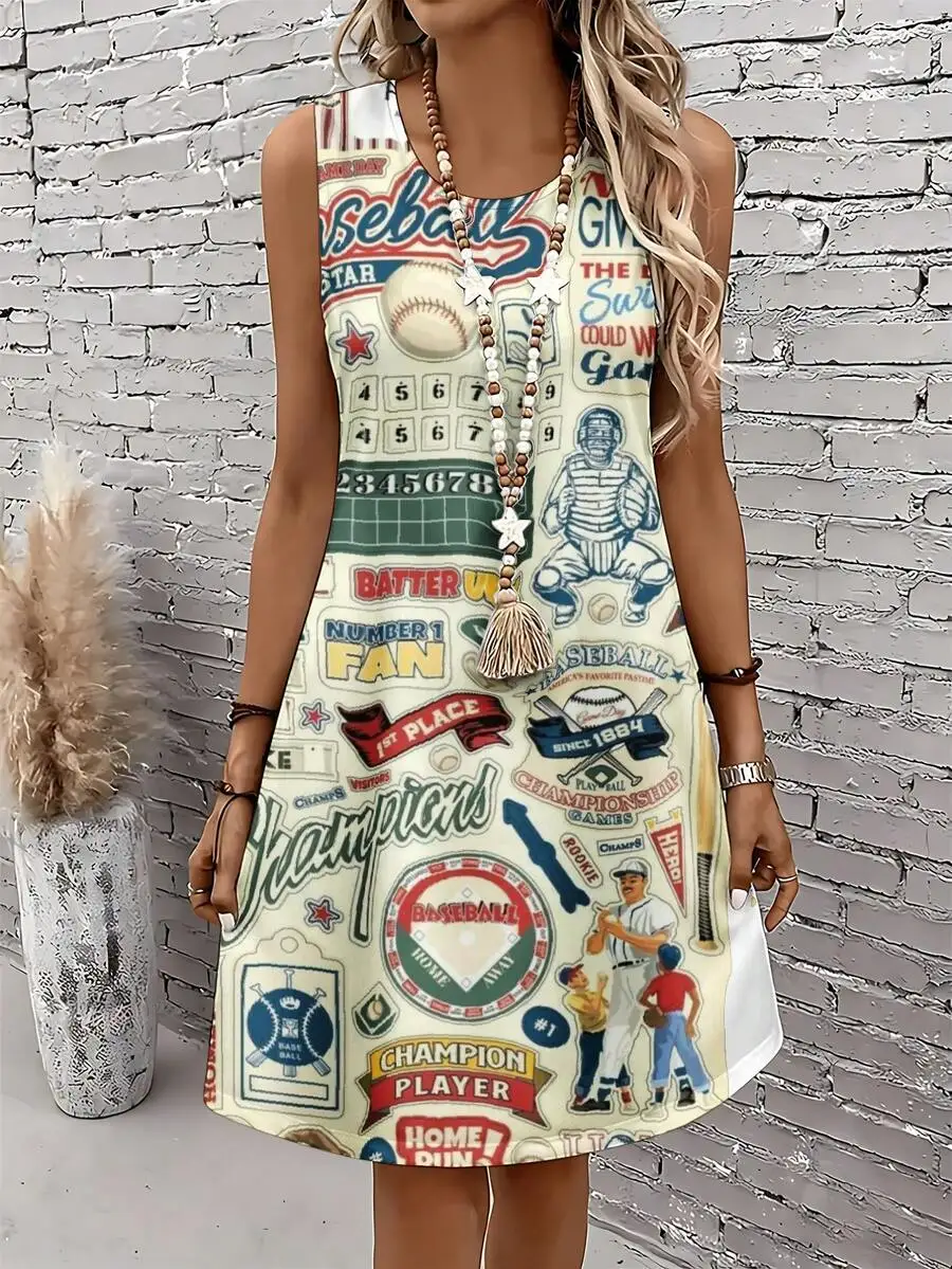 

Baseball Theme Sleeveless Dress With Vintage Sports Graphics Retro Design Women Summer Casual Wear