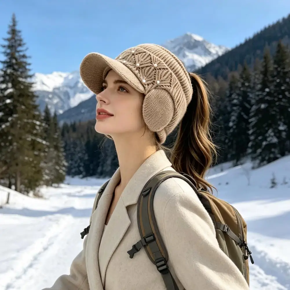 Winter Knitted Visor Hat Stretchy Polyester Exercise Hat Winter Ponytail Hat with Ear Flaps Women’s Knitted Peaked for Outdoor