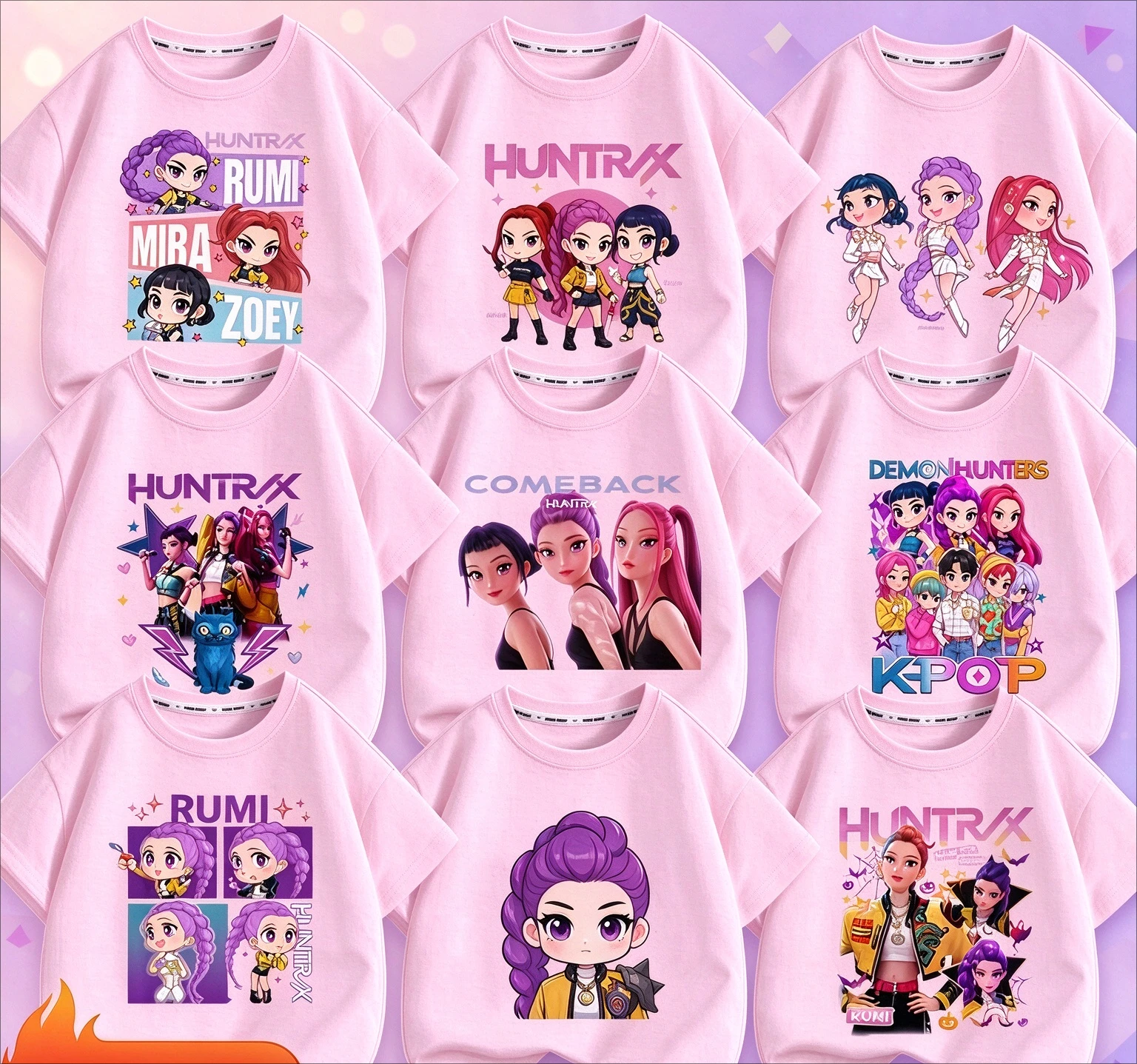 Girls HUNTRX Cartoon T Shirt Kpop Demon Hunters Rumi Mira Zoey Print Kids Cotton Short Sleeve Tee