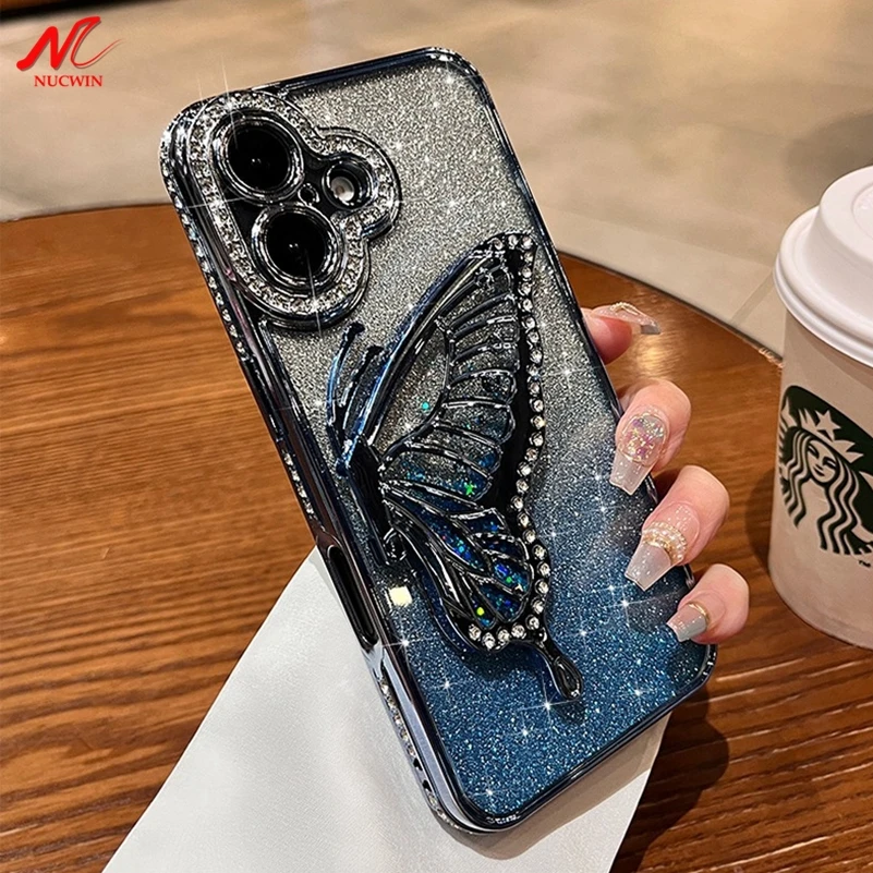 Cute Butterfly Case for iPhone 16 Pro Max Girl\'s Bling Diamond Glitter Plating Soft Cover for iPhone 15 13 12 11 14 Pro Max Plus