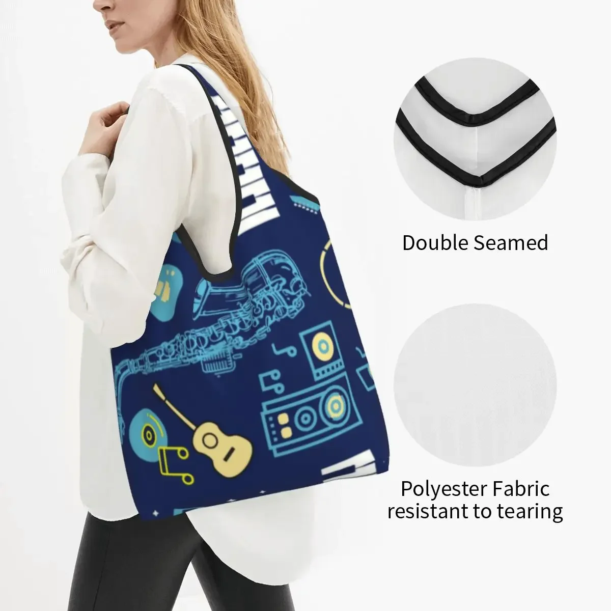 Fashion Printing Heartbeat Music Notes Shopping Tote Bags Portable Shopper Shoulder Sax Piano Guitar Pianist Handbag